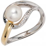 JOBO Damen Ring 585 Gold Wei�gold Gelbgold bicolor 1 S��wasser Perle 9 Diamanten