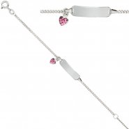 JOBO Schildband Herz 925 Sterling Silber mit rosa Glasstein 14 cm Gravur ID Armband