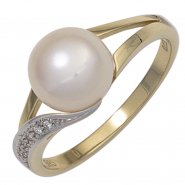 JOBO Damen Ring 585 Gold Gelbgold 1 S��wasser Perle 6 Diamanten Brillanten Perlenring