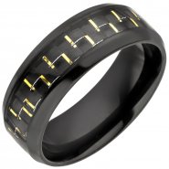 JOBO Herren Ring Edelstahl schwarz beschichtet mit Carbon Einlage goldfarben
