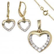 JOBO Schmuck-Set 333 Herz Gold Gelbgold Zirkonia Ohrringe Anh�nger und Kette 42 cm