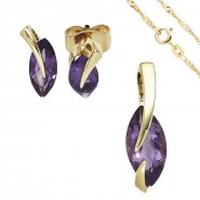 JOBO Schmuck-Set 585 Gold Gelbgold 3 Amethyste lila violett Ohrringe und Kette 45 cm