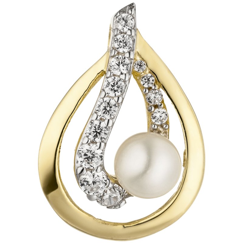 JOBO Anh�nger 375 Gold Gelbgold 1 S��wasser Perle 13 Zirkonia Perlenanh�nger