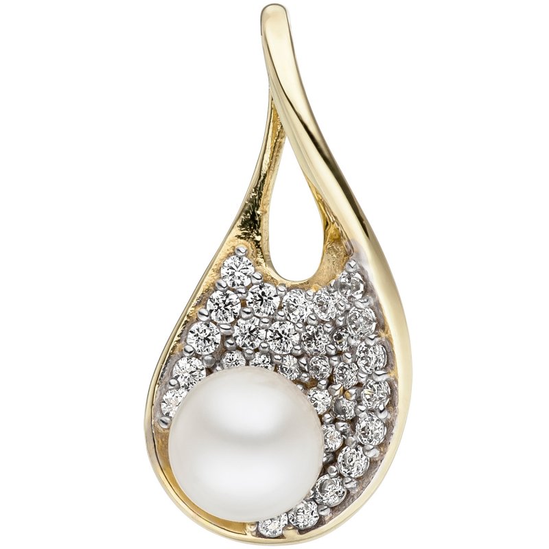 JOBO Anhänger 585/- Gelbgold Bicolor 1 Süßwasser Perle 2 Diamanten Perlenanhänger