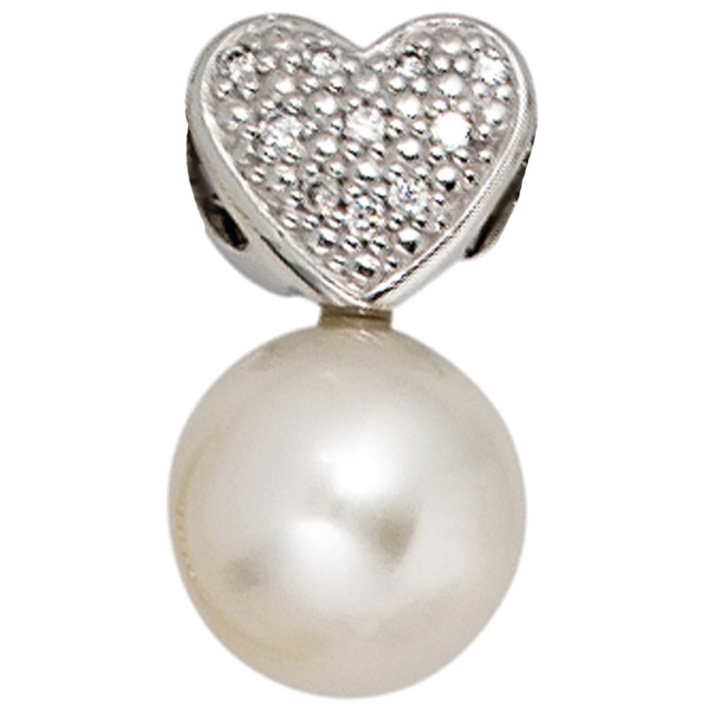 JOBO Anh�nger Herz 585 Gold Wei�gold 1 S��wasser Perle 10 Diamanten Perlenanh�nger