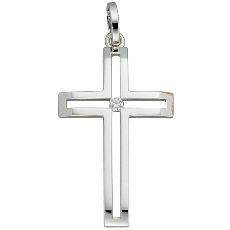 JOBO Anh�nger Kreuz 585 Gold Wei�gold 1 Diamant Brillant Kreuzanh�nger Wei�goldkreuz