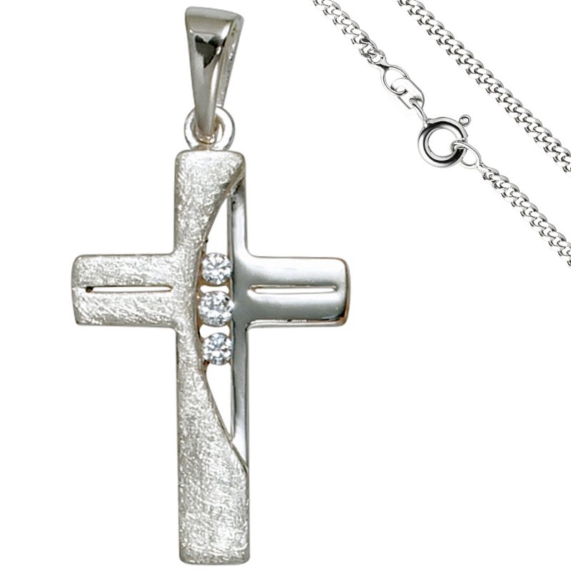 JOBO Anh�nger Kreuz 925 Silber 3 Zirkonia Kreuzanh�nger Silberkreuz mit Kette 60 cm