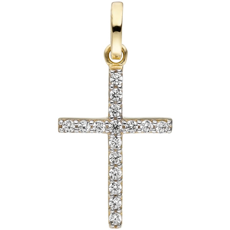 JOBO Anh�nger Kreuz schmal 375 Gold Gelbgold 16 Zirkonia Kreuzanh�nger Goldkreuz
