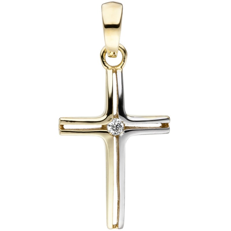 JOBO Anh�nger Kreuz schmal 375 Gold Gelbgold bicolor 1 Zirkonia Kreuzanh�nger