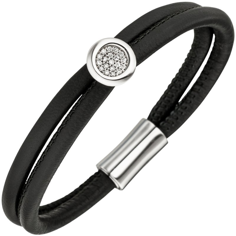JOBO Armband 2-reihig Leder schwarz mit 585 Gold Wei�gold 19 Diamanten Brillanten