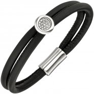 JOBO Armband 2-reihig Leder schwarz mit 585 Gold Wei�gold 19 Diamanten Brillanten