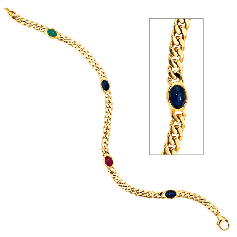 JOBO Armband 585 Gold Gelbgold massiv 19 cm Saphir Rubin Smaragd Cabochon Goldarmband