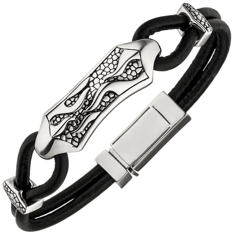 JOBO Armband Leder mit Edelstahl schwarz 21 cm