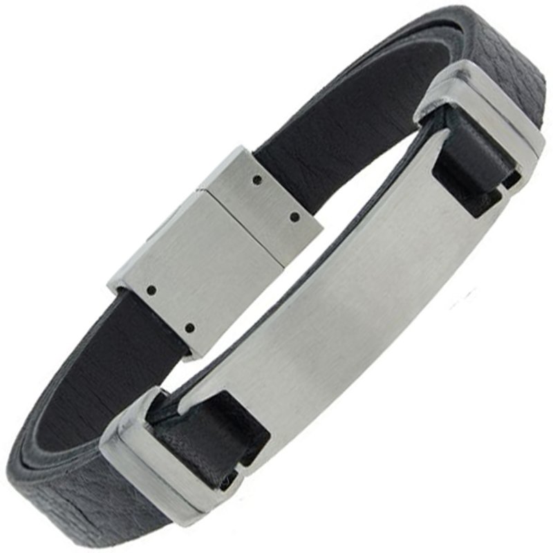JOBO Armband mit Gravurplatte Leder schwarz und Edelstahl matt 21 cm