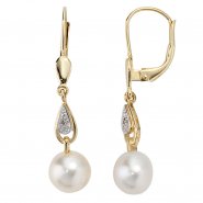 JOBO Boutons 585 Gold Gelbgold 2 Diamanten 2 S��wasser Perlen Ohrringe Ohrh�nger