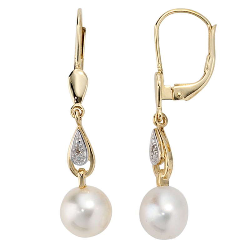 JOBO Boutons 585 Gold Gelbgold 2 Diamanten 2 S��wasser Perlen Ohrringe Ohrh�nger