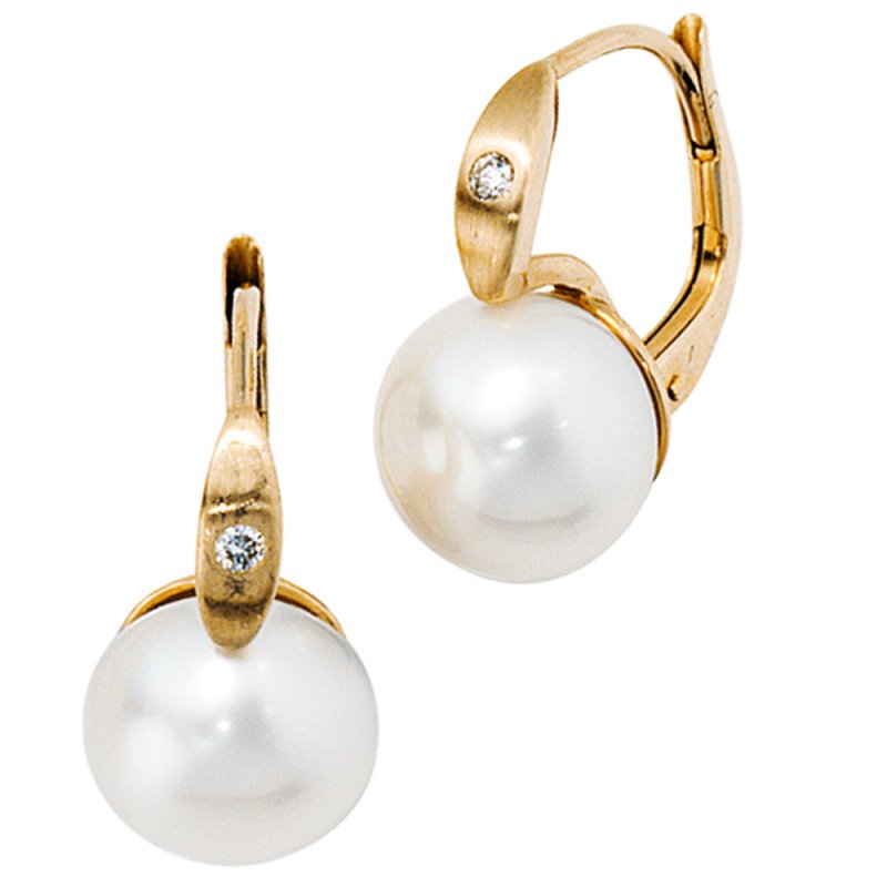 JOBO Boutons 585 Gold Gelbgold 2 Diamanten 2 S��wasser Perlen Ohrringe Ohrh�nger