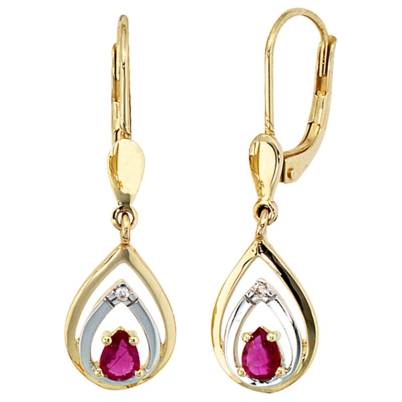 JOBO Boutons 585 Gold Gelbgold 2 Diamanten Brillanten 2 Rubine rot Ohrringe Ohrh�nger