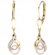 JOBO Boutons 585 Gold Gelbgold 2 S��wasser Perlen 2 Diamanten Ohrringe Ohrh�nger