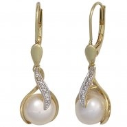 JOBO Boutons 585 Gold Gelbgold 2 S��wasser Perlen 6 Diamanten Ohrringe Ohrh�nger