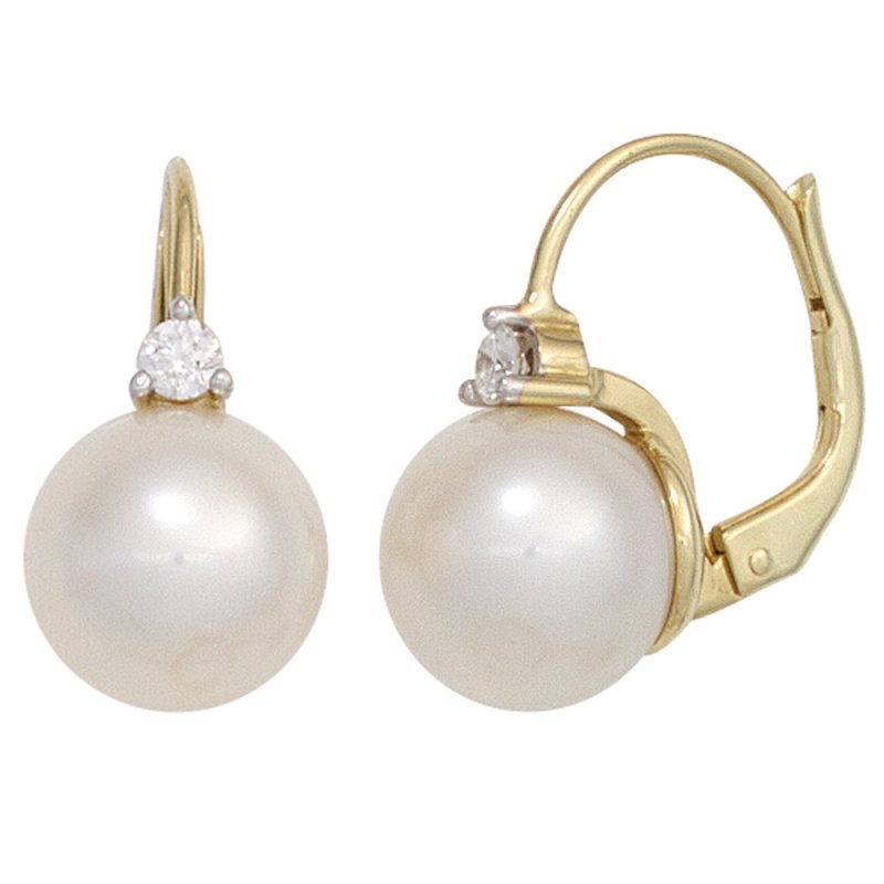 JOBO Boutons 585 Gold Gelbgold 2 S��wasser Perlen 2 Diamanten Ohrringe Ohrh�nger