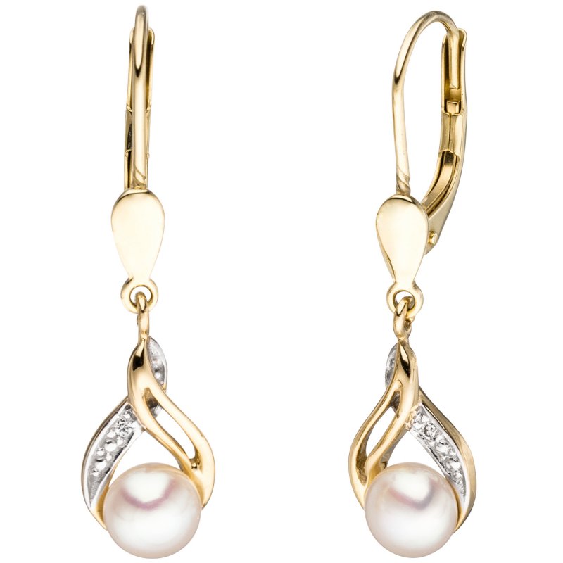 JOBO Boutons 585 Gold Gelbgold 2 S��wasser Perlen 2 Diamanten Ohrringe Ohrh�nger