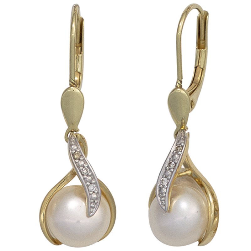 JOBO Boutons 585 Gold Gelbgold 2 S��wasser Perlen 6 Diamanten Ohrringe Ohrh�nger