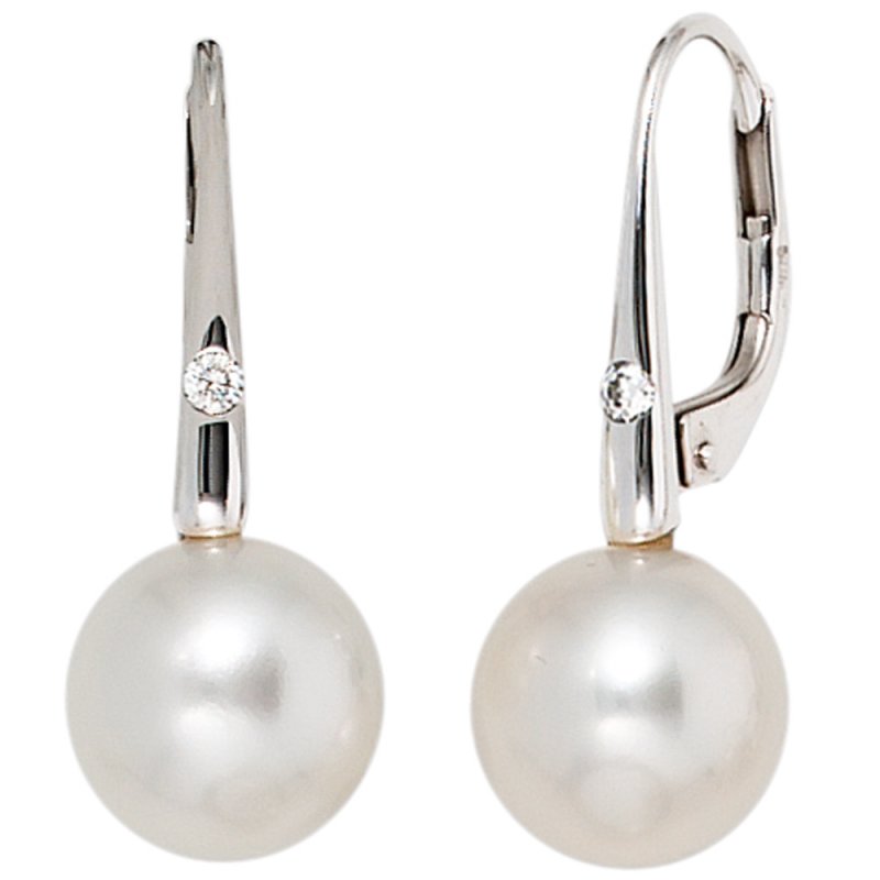 JOBO Boutons 585 Gold Wei�gold 2 S��wasser Perlen 2 Diamanten Ohrringe Ohrh�nger