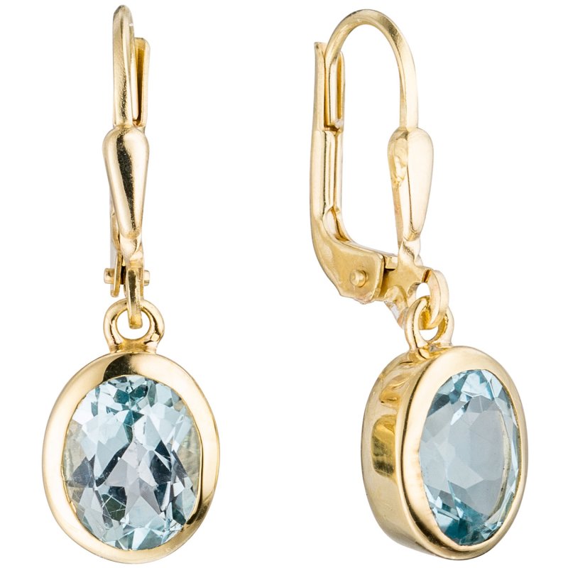 JOBO Boutons oval 333 Gold Gelbgold 2 Blautopase hellblau blau Ohrringe Ohrh�nger
