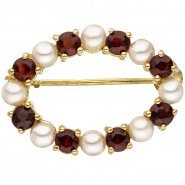 JOBO Brosche 375 Gold Gelbgold 8 Akoya Perlen 8 Granate rot Granatbrosche