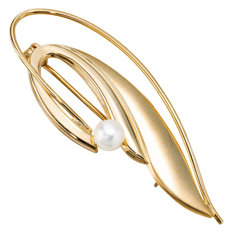 JOBO Brosche 585 Gold Gelbgold mattiert 1 S��wasser Perle Perlenbrosche