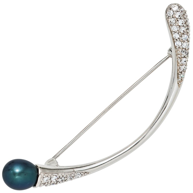 JOBO Brosche 925 Sterling Silber rhodiniert 29 Zirkonia Silberbrosche Perlenbrosche