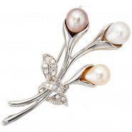 JOBO Brosche Blume 925 Sterling Silber 3 S��wasser Perlen 12 Zirkonia Perlenbrosche