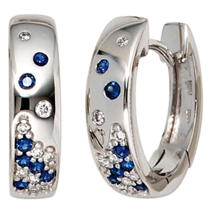 JOBO Creolen 585 Gold Wei�gold 18 Diamanten Brillanten 14 Saphire blau Ohrringe