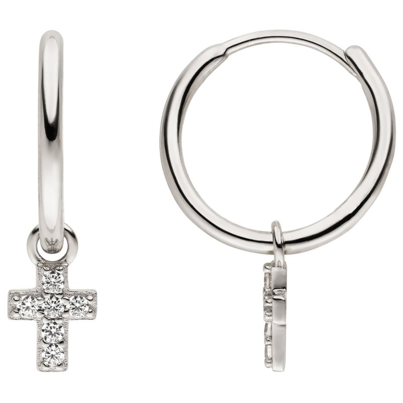 JOBO Creolen Kreuz 925 Silber 12 Zirkonia Ohrringe Silbercreolen Silberohrringe