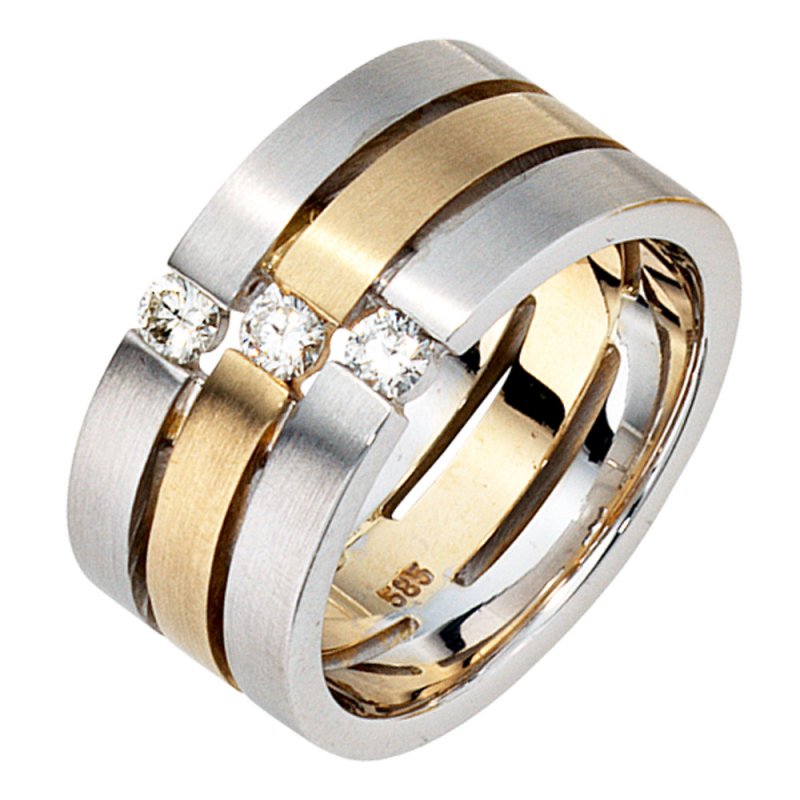 JOBO Damen Ring 3-reihig breit 585 Gold Wei�gold Gelbgold bicolor matt 3 Diamanten