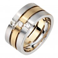 JOBO Damen Ring 3-reihig breit 585 Gold Wei�gold Gelbgold bicolor matt 3 Diamanten