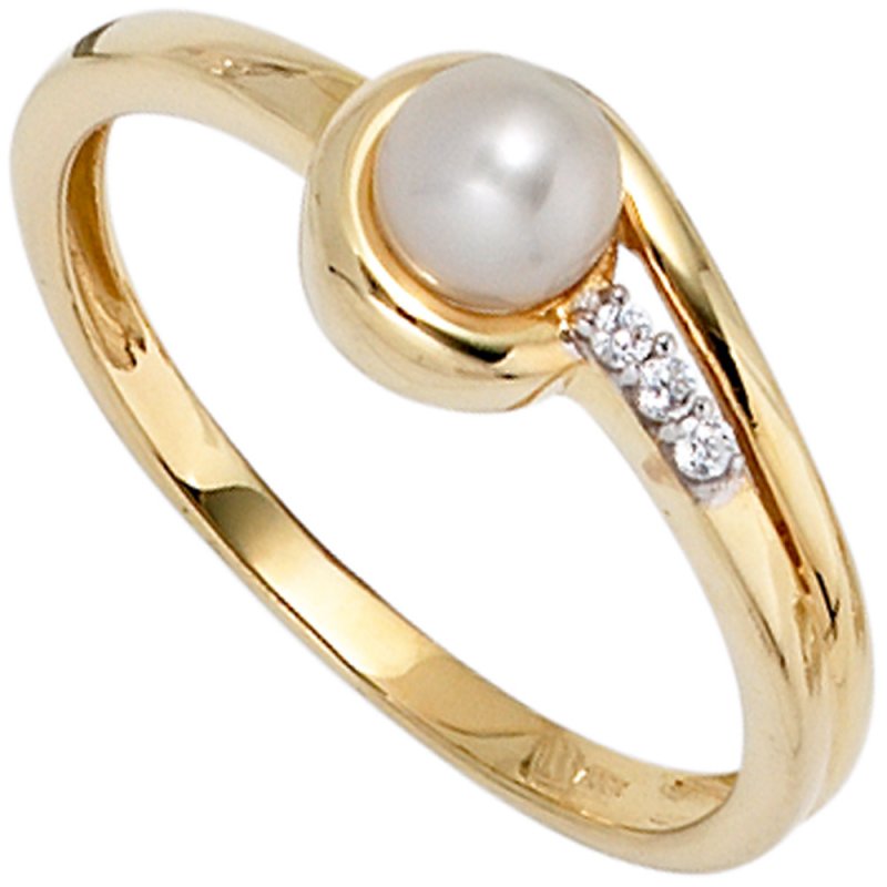 JOBO Damen Ring 333 Gold Gelbgold 1 S��wasser Perle 3 Zirkonia Goldring Perlenring