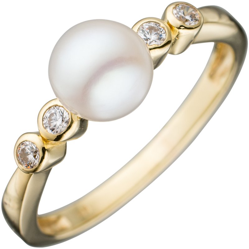 JOBO Damen Ring 333 Gold Gelbgold 1 S��wasser-Perle 4 Zirkonia Goldring Perlenring