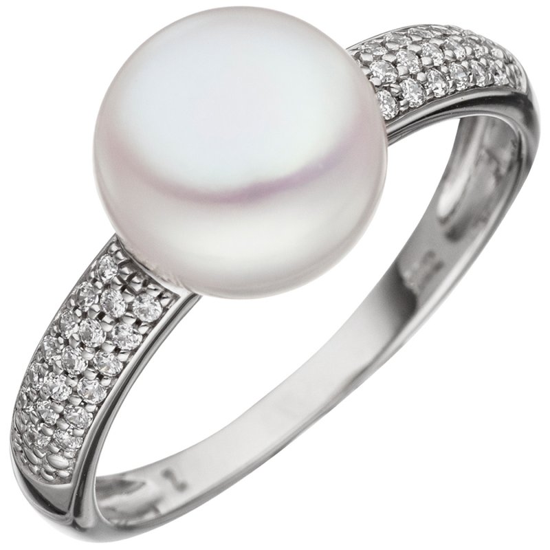 JOBO Damen Ring 333 Gold Wei�gold 1 S��wasser Perle 36 Zirkonia Perlenring Goldring