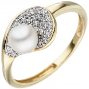 JOBO Damen Ring 375 Gold Gelbgold 1 S��wasser Perle 36 Zirkonia Perlenring