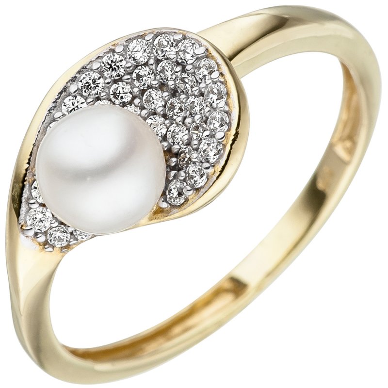 JOBO Damen Ring 375 Gold Gelbgold 1 S��wasser Perle 36 Zirkonia Perlenring