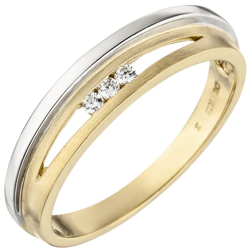 JOBO Damen Ring 375 Gold Gelbgold Wei�gold bicolor matt 3 Zirkonia Goldring
