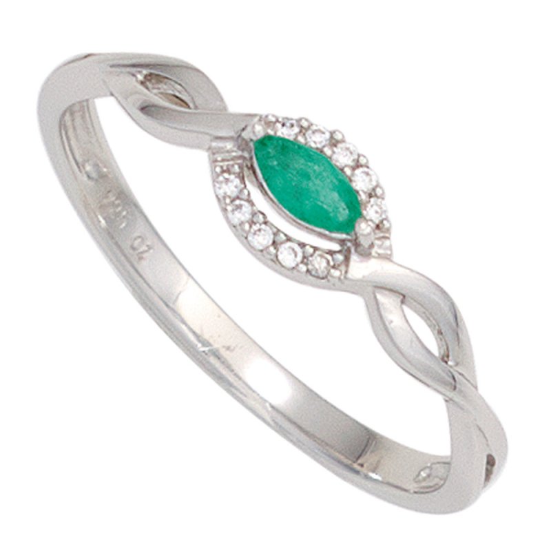 JOBO Damen Ring 375 Gold Wei�gold 1 Smaragd gr�n 10 Diamanten Brillanten