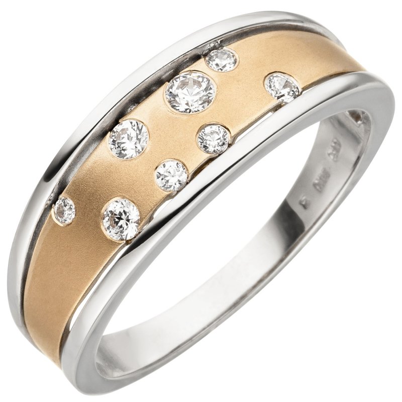 JOBO Damen Ring 375 Gold Wei�gold Rotgold bicolor matt 8 Zirkonia Goldring