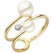 JOBO Damen Ring 585 Gelbgold 2 S��wasser Perlen 1 Diamant Brillant