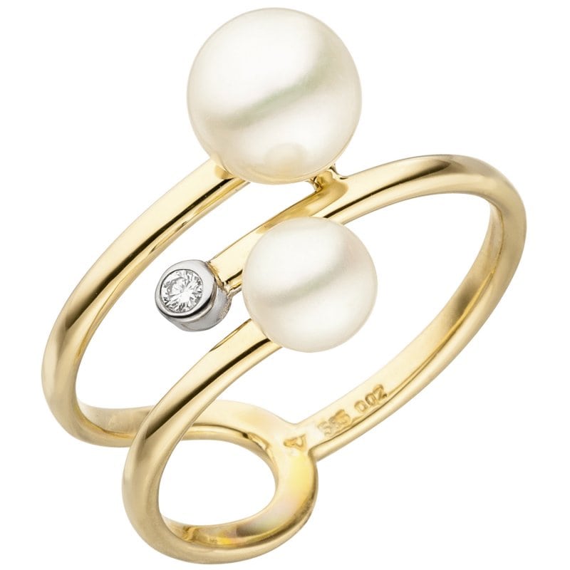 JOBO Damen Ring 585 Gelbgold 2 S��wasser Perlen 1 Diamant Brillant