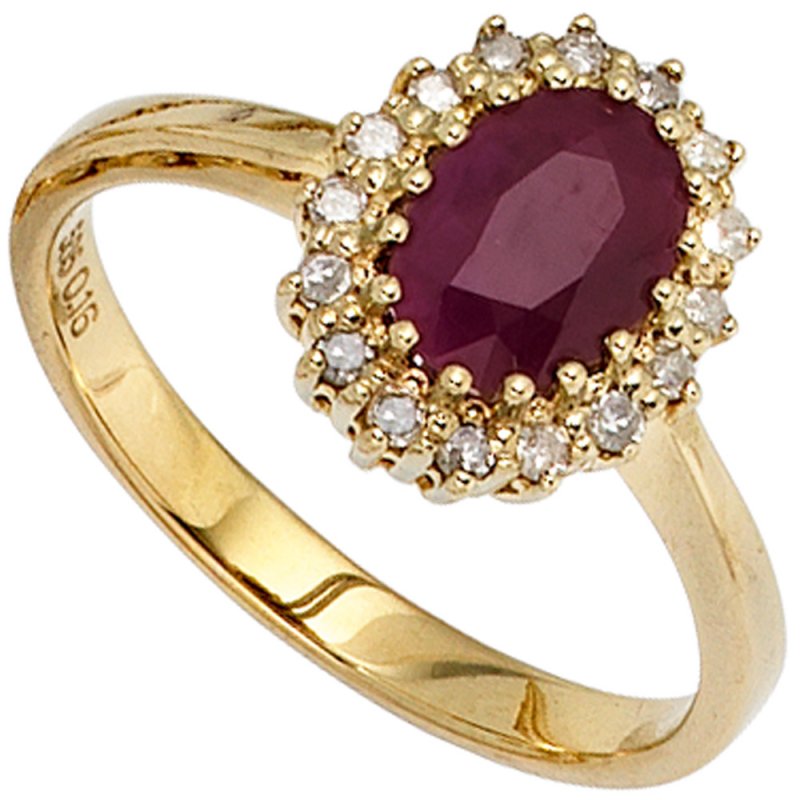 JOBO Damen Ring 585 Gold Gelbgold 1 Rubin rot 16 Diamanten 0,16ct. Goldring