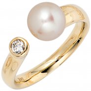 JOBO Damen Ring 585 Gold Gelbgold 1 S��wasser Perle 1 Diamant Brillant Perlenring