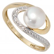 JOBO Damen Ring 585 Gold Gelbgold 1 S��wasser Perle 2 Diamanten Brillanten Perlenring